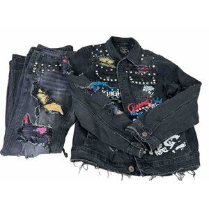 Majestik Denim Set (Jacket XL, Jeans 36x30) Embellished King Panda Destroyed GUC